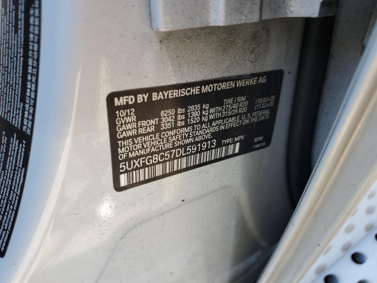 2013 BMW X6 xDrive50I VIN: 5UXFG8C57DL591913 Lot: 64907674