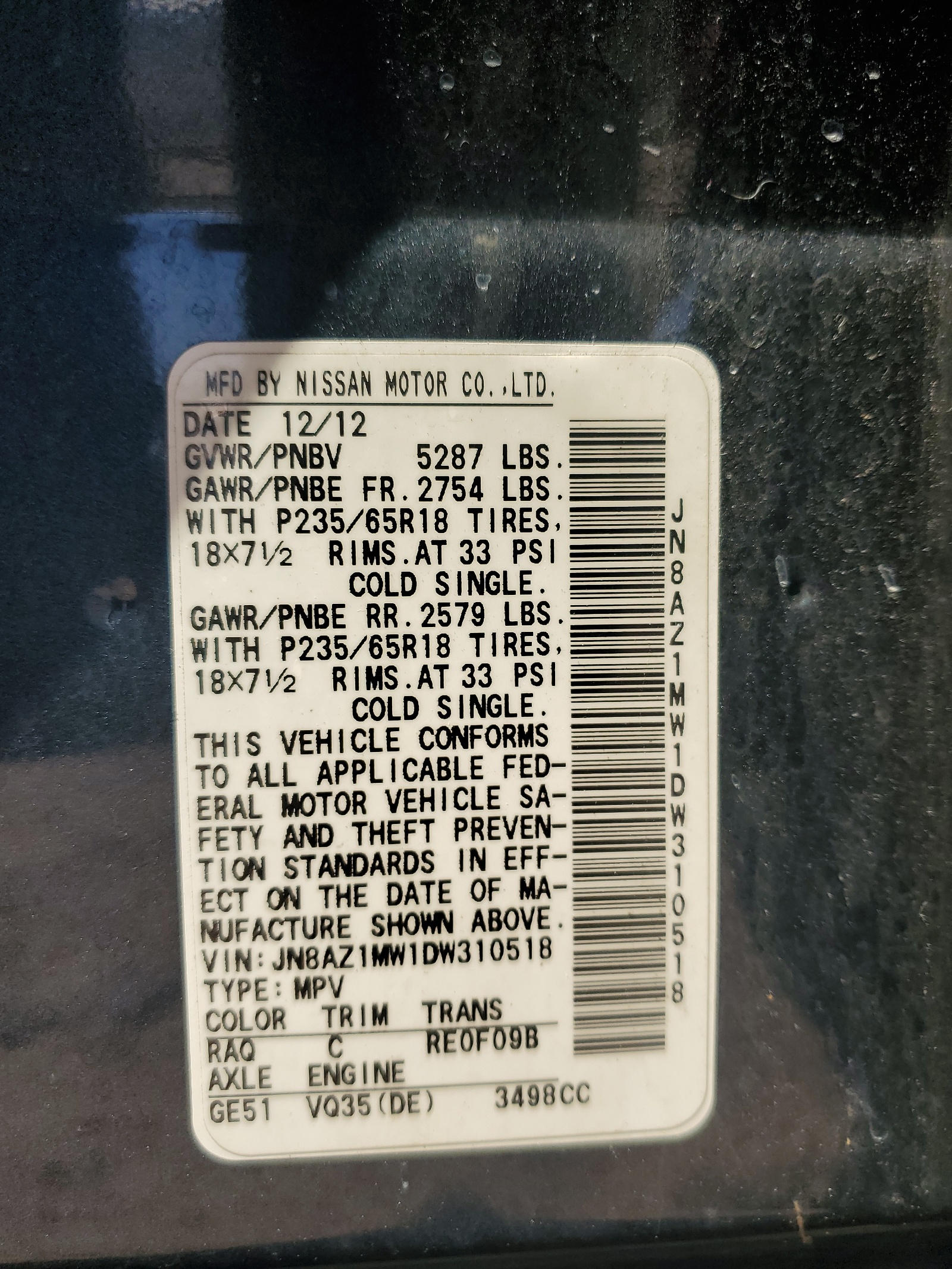 JN8AZ1MW1DW310518 2013 Nissan Murano S