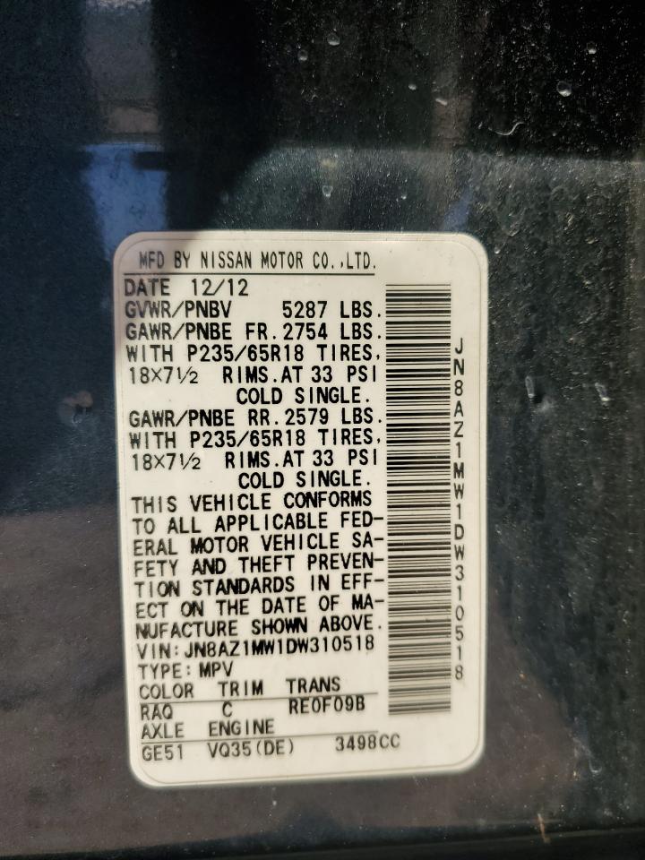 2013 Nissan Murano S VIN: JN8AZ1MW1DW310518 Lot: 60680174