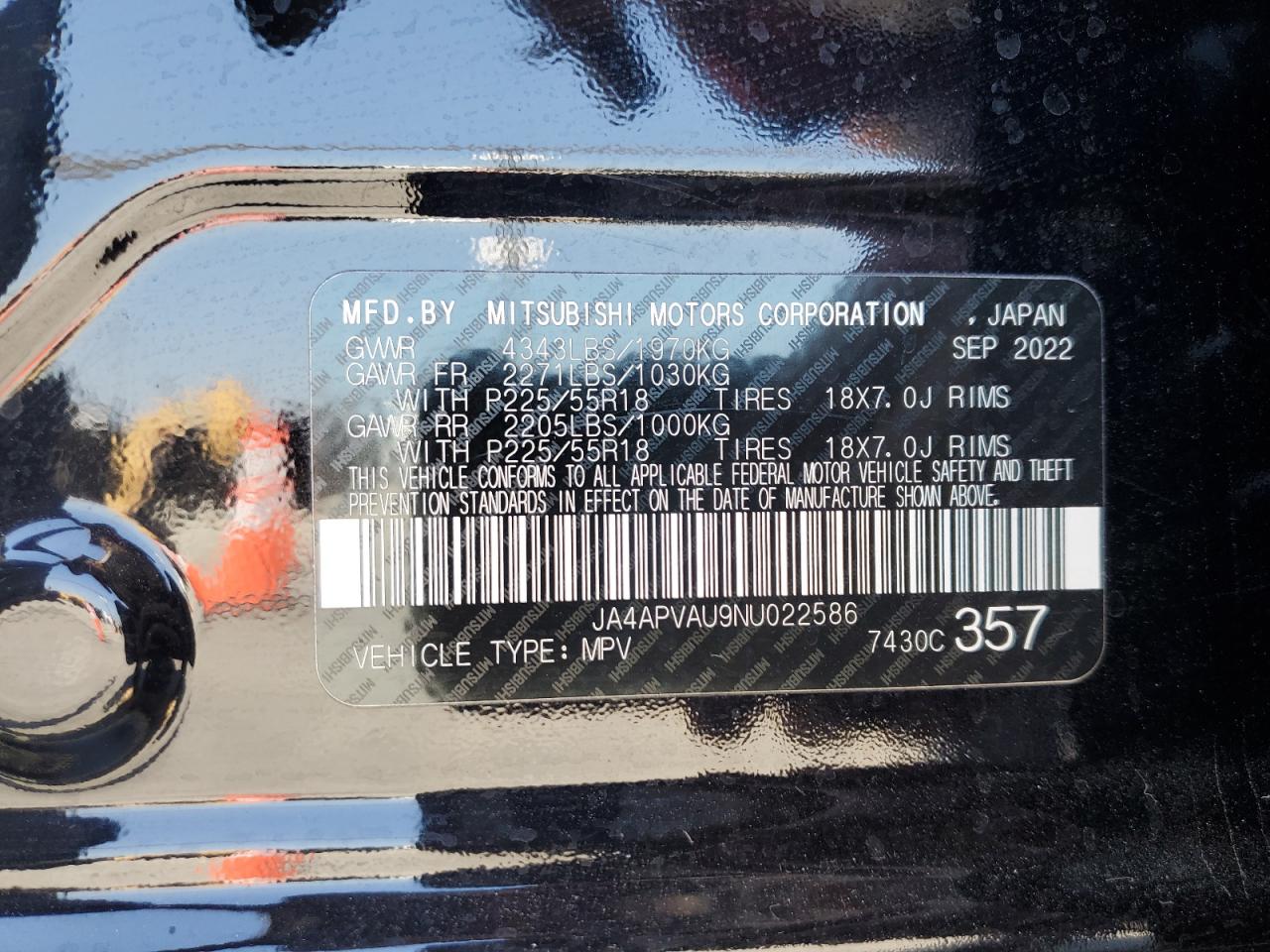 2022 Mitsubishi Outlander Sport Se VIN: JA4APVAU9NU022586 Lot: 62152904