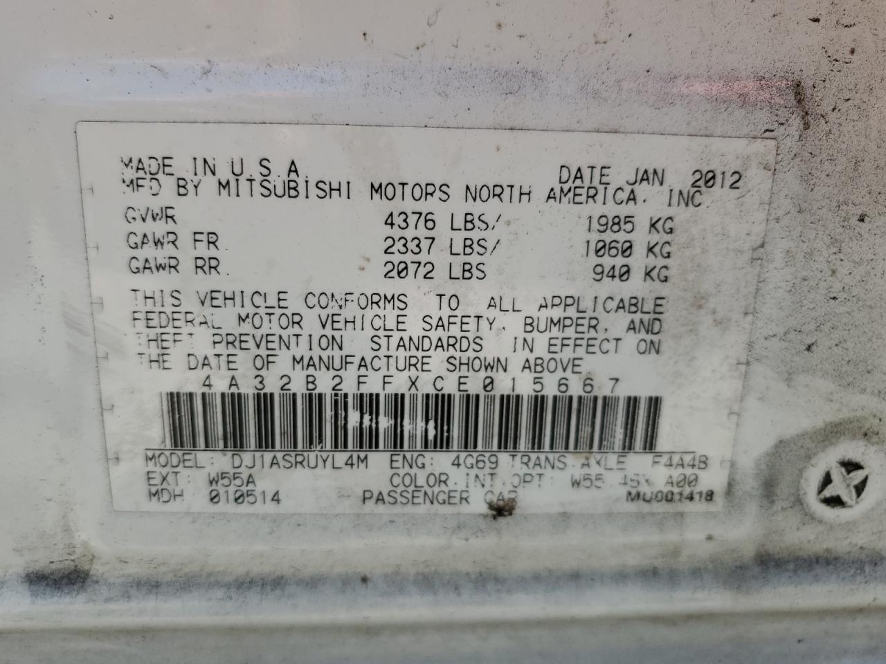 2012 Mitsubishi Galant Fe VIN: 4A32B2FFXCE015667 Lot: 63178824