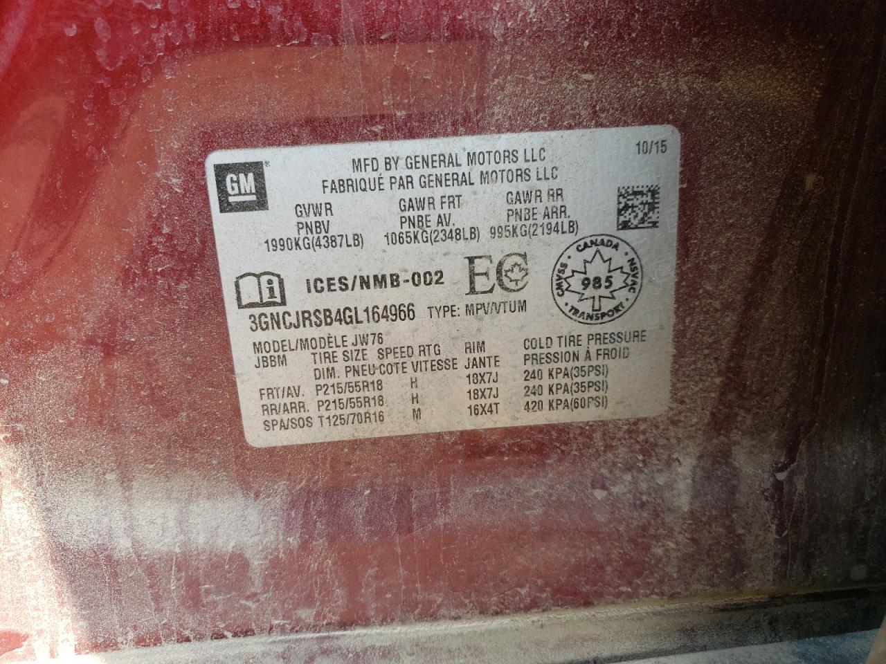 2016 Chevrolet Trax Ltz VIN: 3GNCJRSB4GL164966 Lot: 64174954