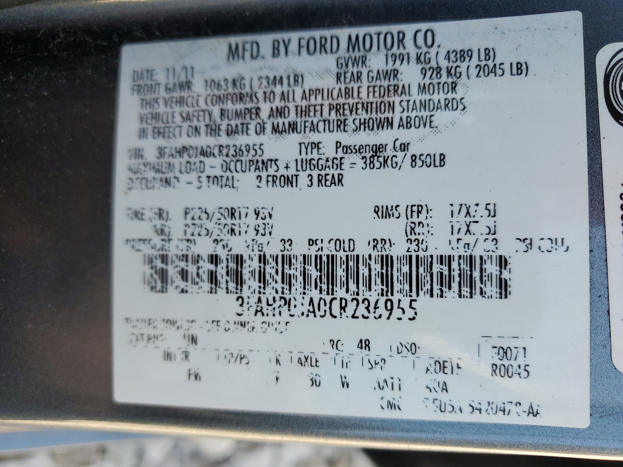 3FAHP0JA0CR236955 2012 Ford Fusion Sel