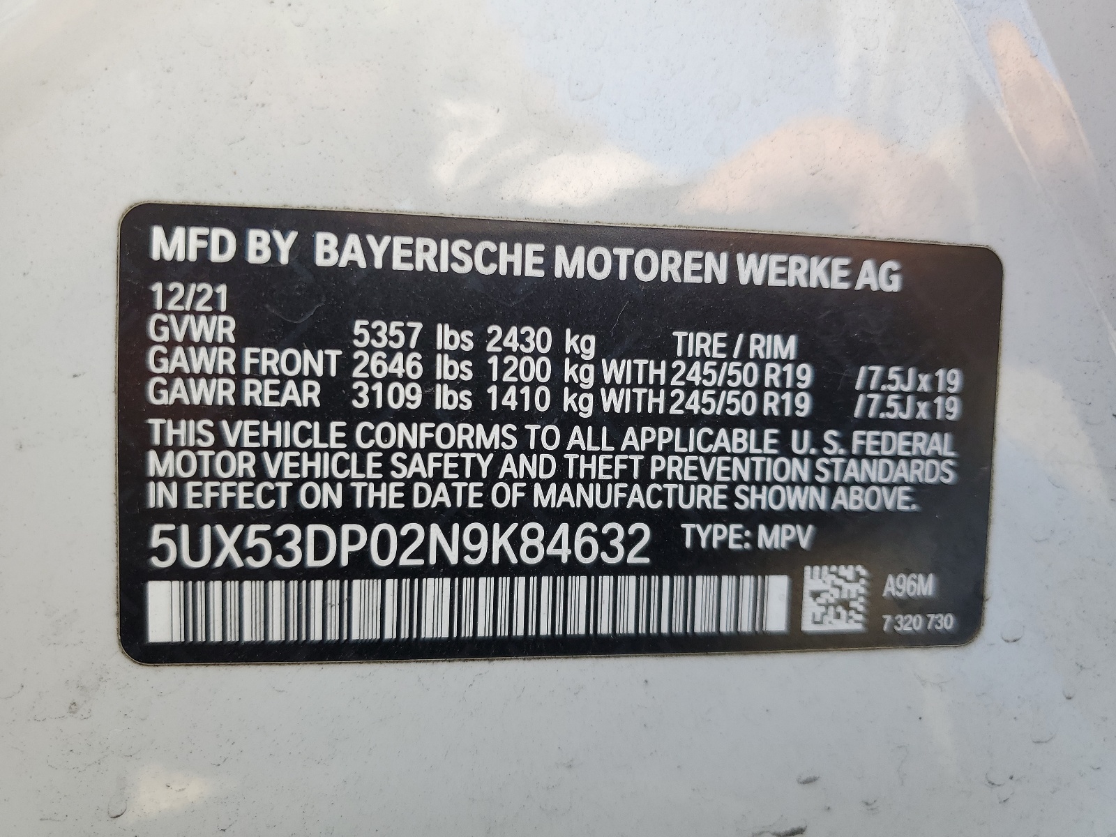 5UX53DP02N9K84632 2022 BMW X3 xDrive30I