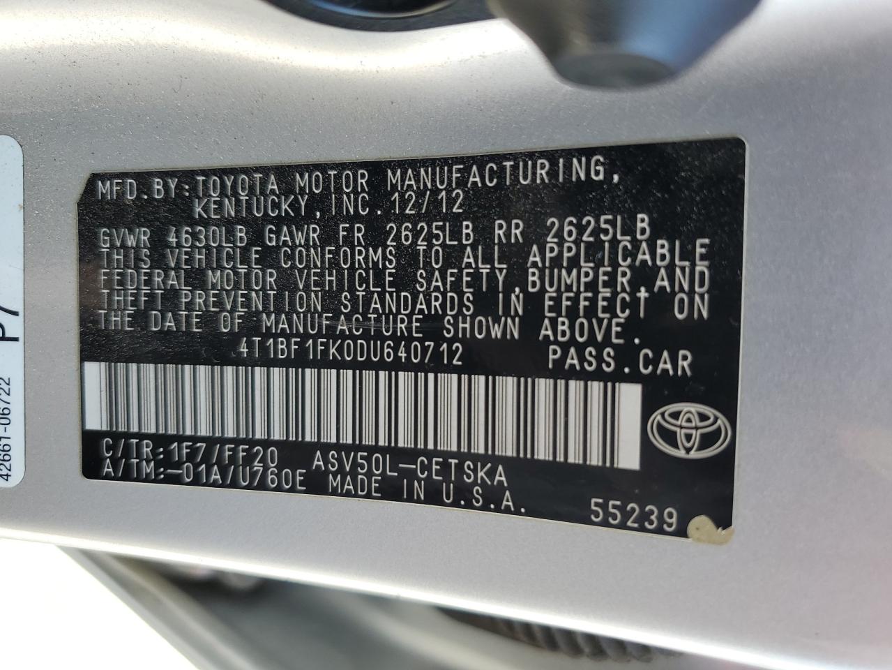 2013 Toyota Camry L VIN: 4T1BF1FK0DU640712 Lot: 65256454