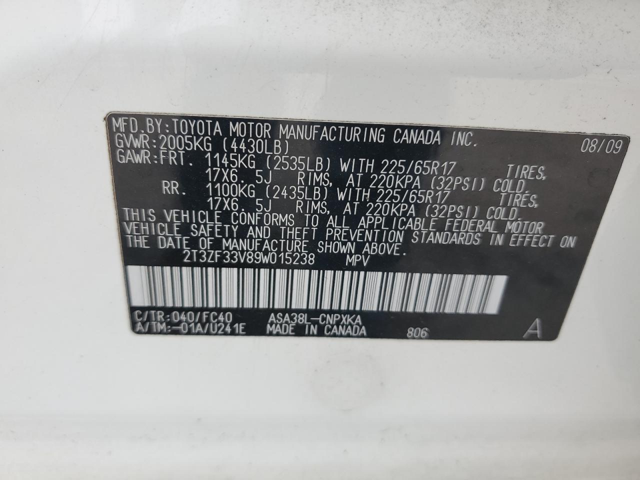 2009 Toyota Rav4 VIN: 2T3ZF33V89W015238 Lot: 62331194