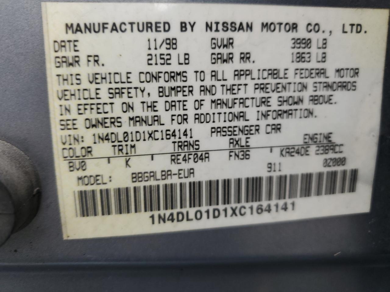 1999 Nissan Altima Xe VIN: 1N4DL01D1XC164141 Lot: 64261124