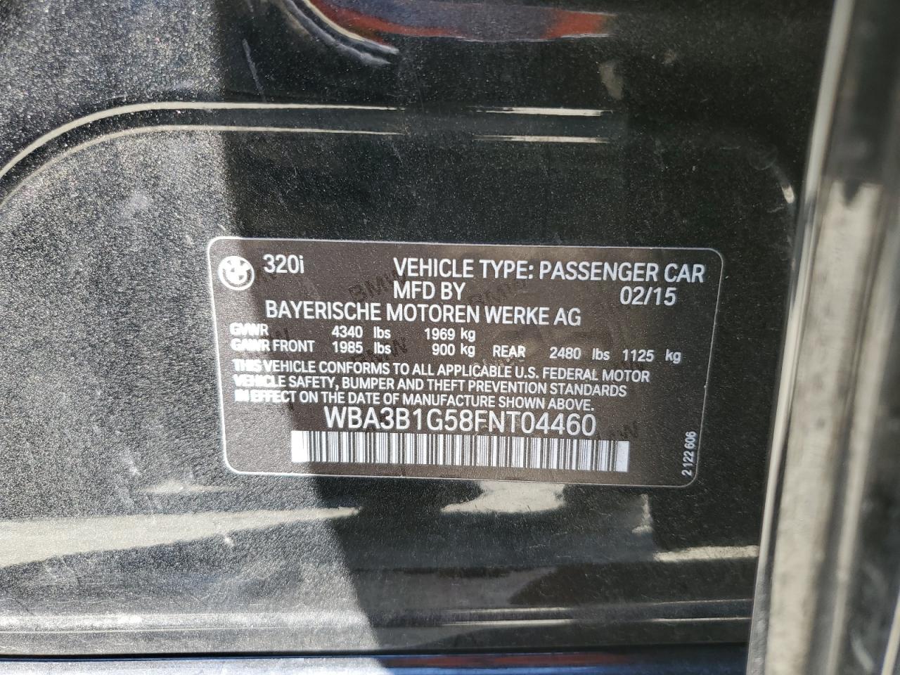 2015 BMW 320 I VIN: WBA3B1G58FNT04460 Lot: 64049714