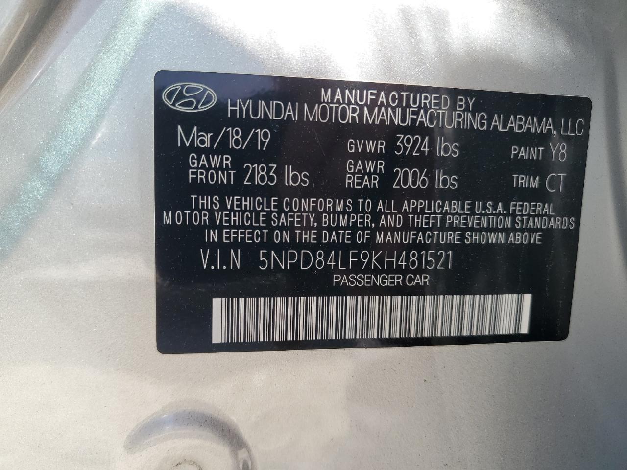 2019 Hyundai Elantra Sel VIN: 5NPD84LF9KH481521 Lot: 61692414