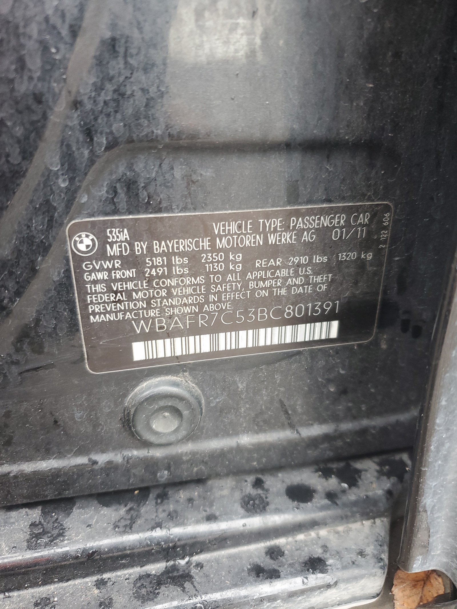 WBAFR7C53BC801391 2011 BMW 535 I