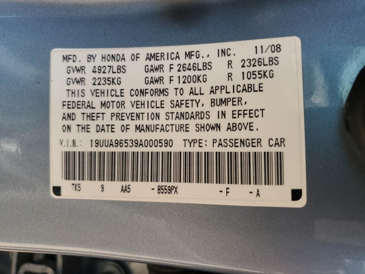 2009 Acura Tl VIN: 19UUA96539A000590 Lot: 63347054