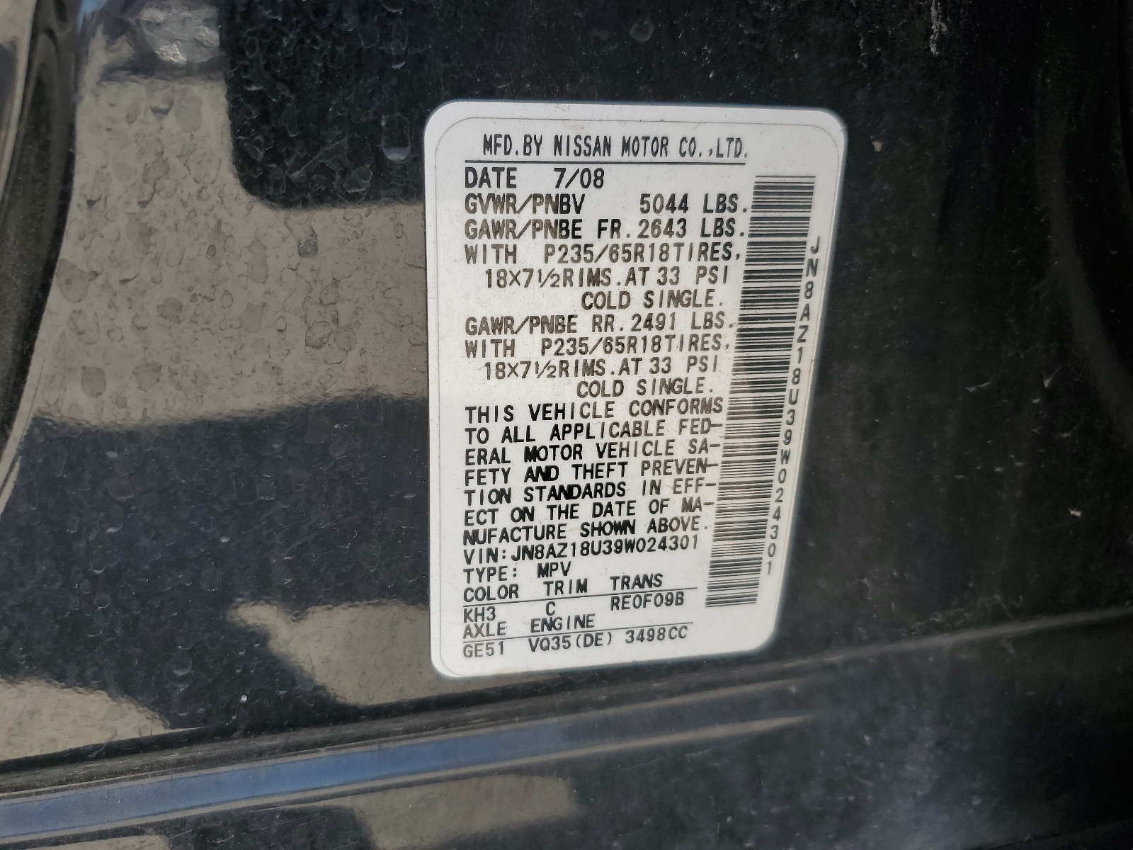 JN8AZ18U39W024301 2009 Nissan Murano S