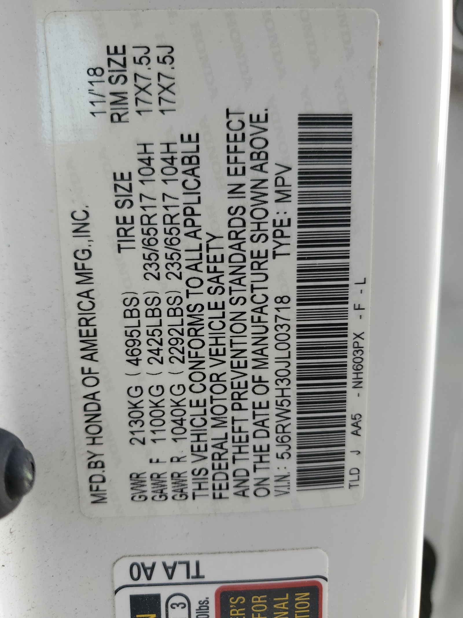 5J6RW5H30JL003718 2018 Honda Cr-V Lx