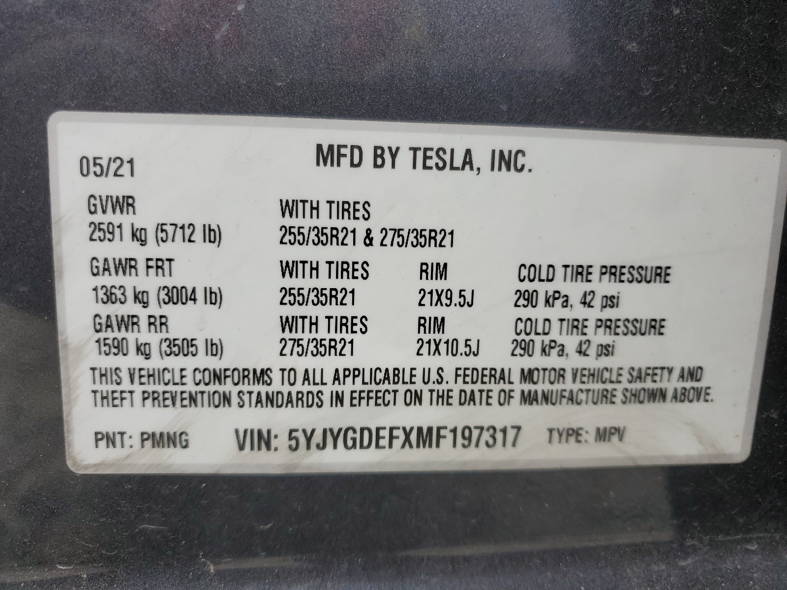 5YJYGDEFXMF197317 2021 Tesla Model Y