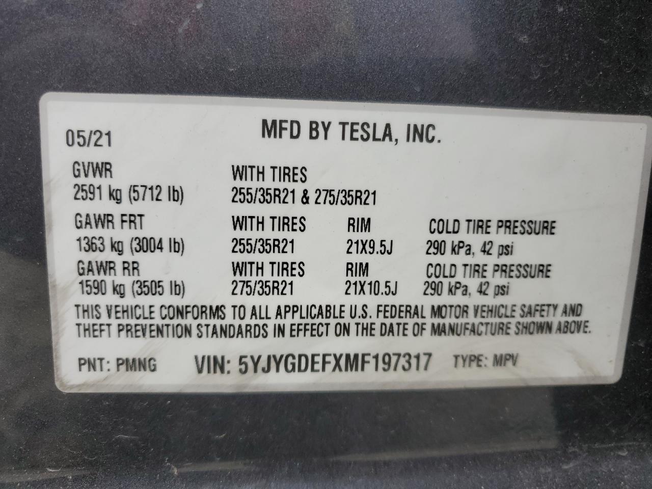 2021 Tesla Model Y VIN: 5YJYGDEFXMF197317 Lot: 62101384