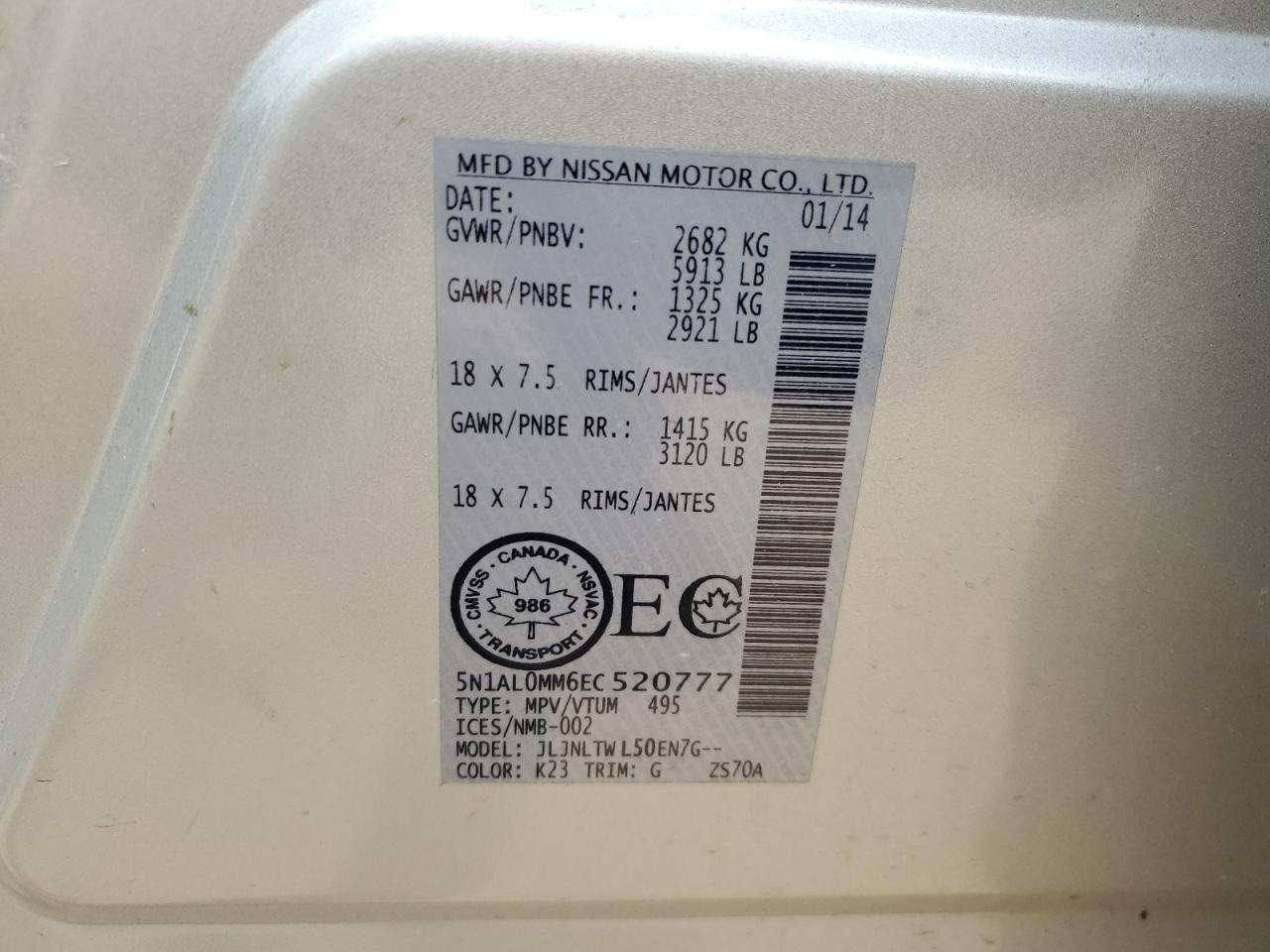 2014 Infiniti Qx60 VIN: 5N1AL0MM6EC520777 Lot: 65241754