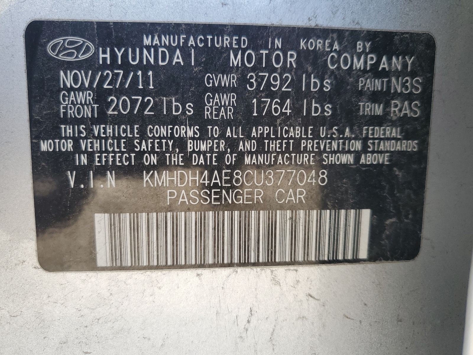 KMHDH4AE8CU377048 2012 Hyundai Elantra Gls