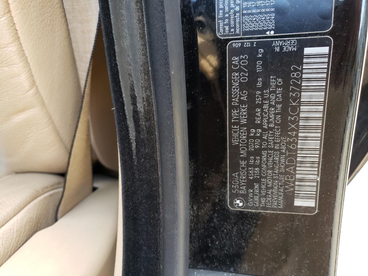 2003 BMW 530 I Automatic VIN: WBADT634X3CK37282 Lot: 62537834