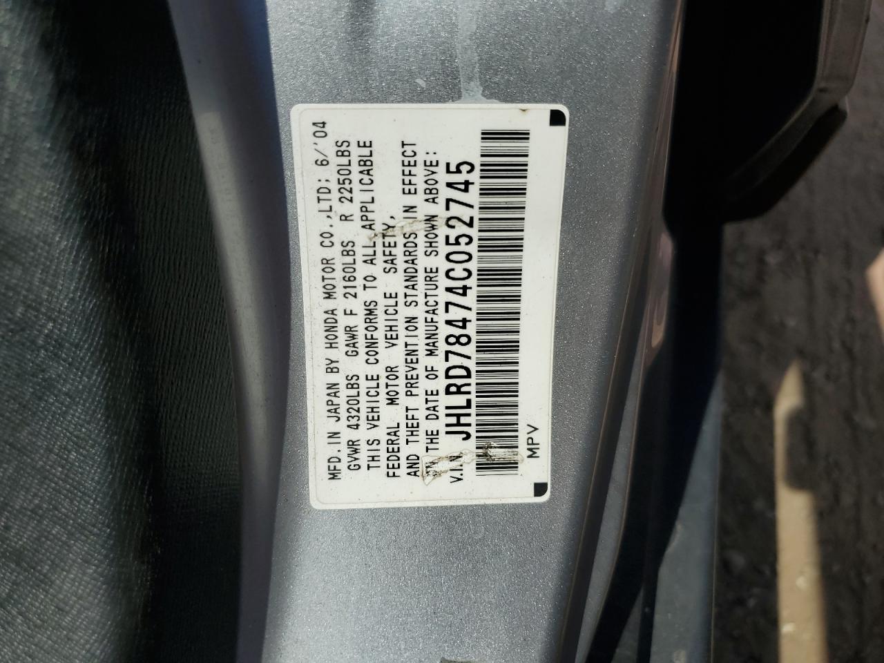 2004 Honda Cr-V Lx VIN: JHLRD78474C052745 Lot: 64203264