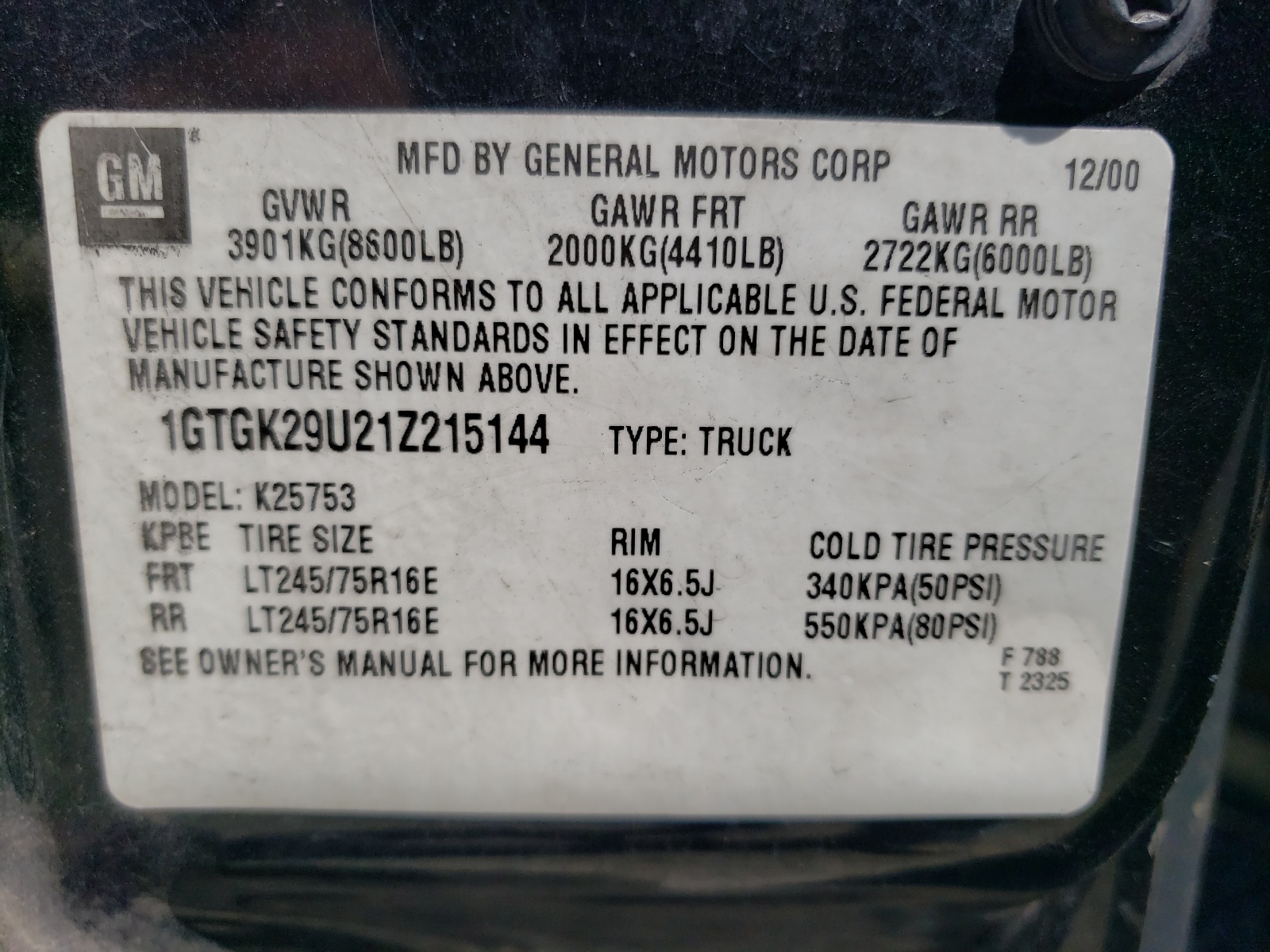 1GTGK29U21Z215144 2001 GMC New Sierra K2500