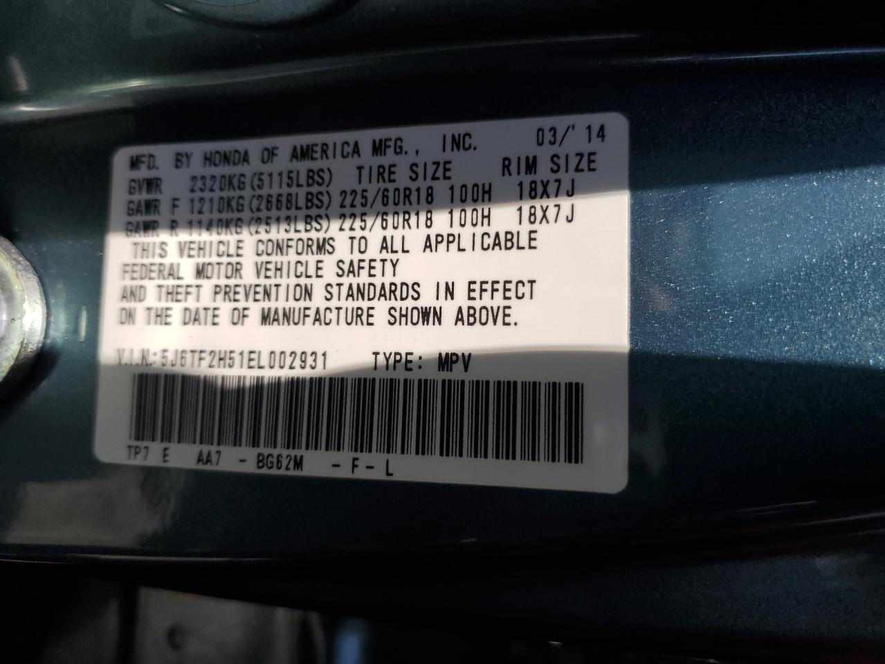 2014 Honda Crosstour Exl VIN: 5J6TF2H51EL002931 Lot: 64844344