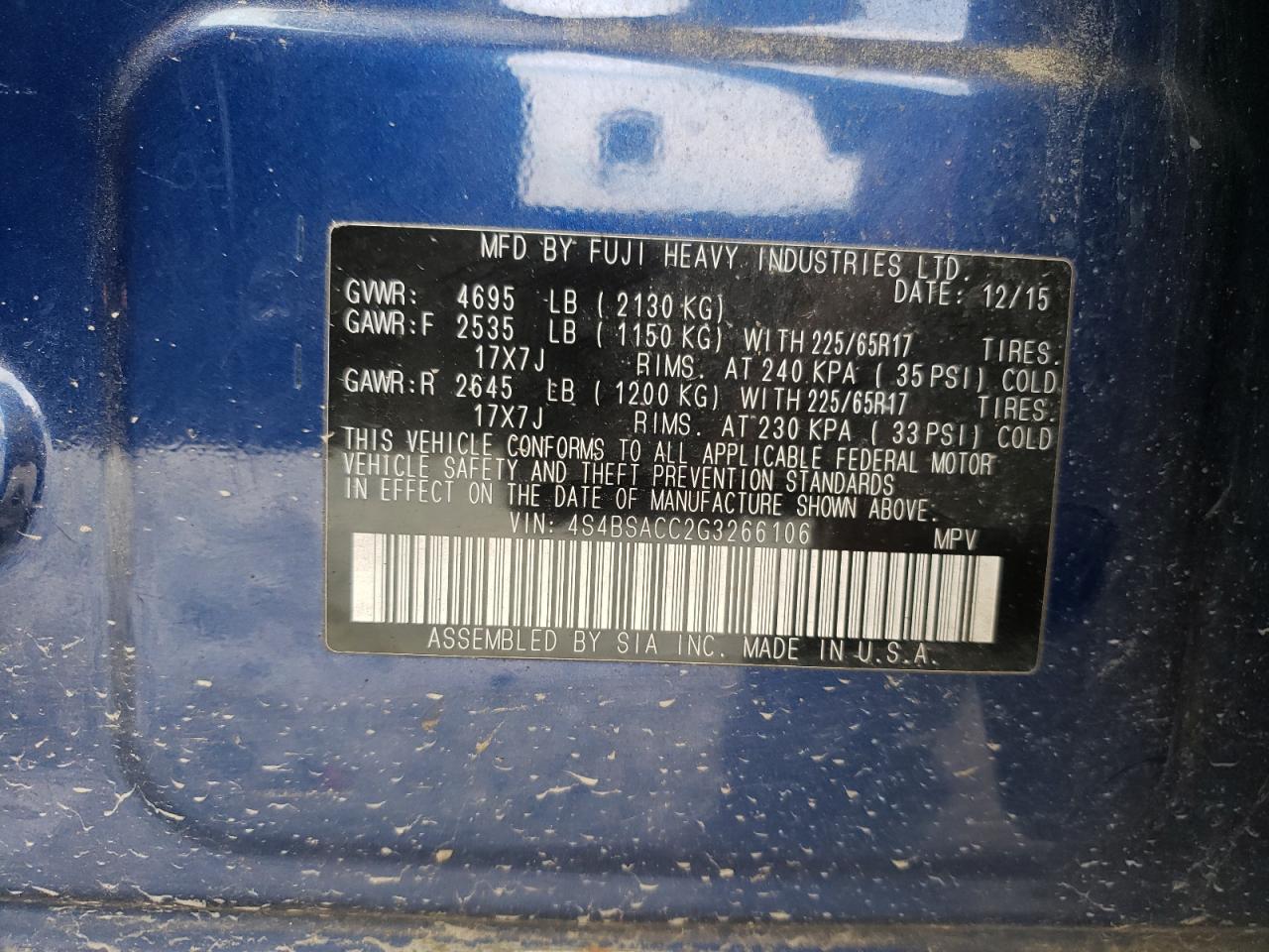 2016 Subaru Outback 2.5I Premium VIN: 4S4BSACC2G3266106 Lot: 63537994