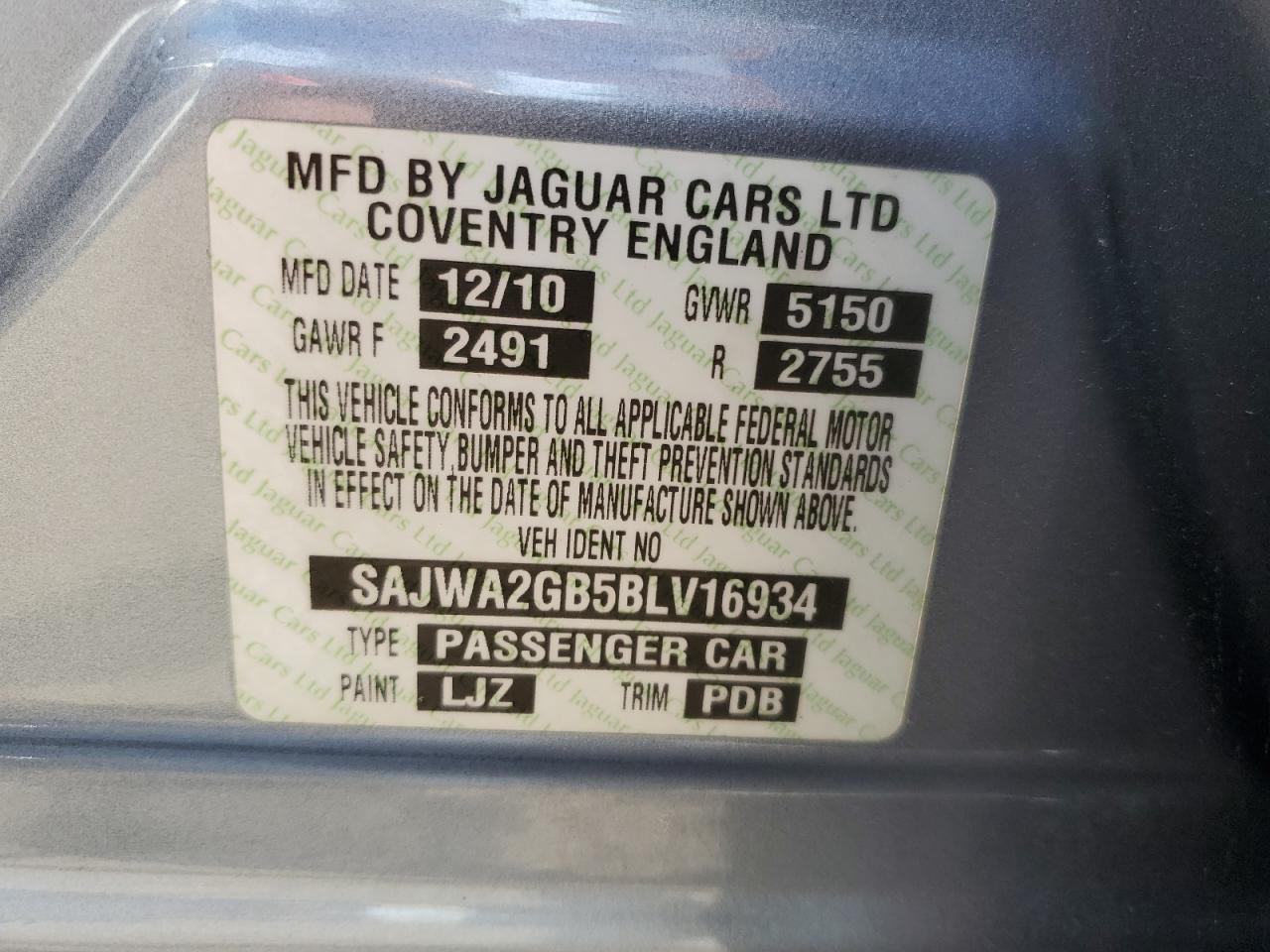 2011 Jaguar Xjl VIN: SAJWA2GB5BLV16934 Lot: 61632594