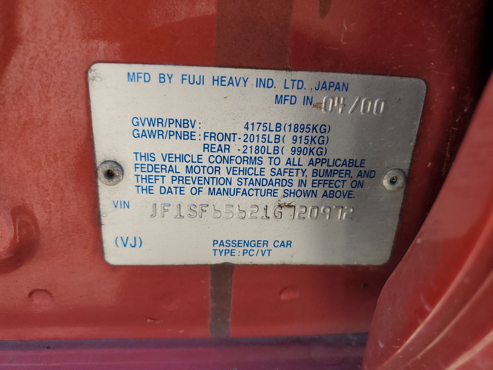 JF1SF65621G720972 2001 Subaru Forester S