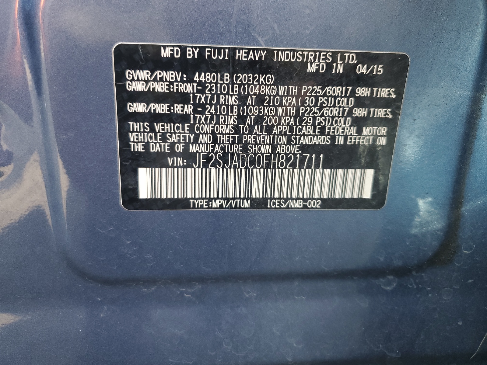 JF2SJADC0FH821711 2015 Subaru Forester 2.5I Premium