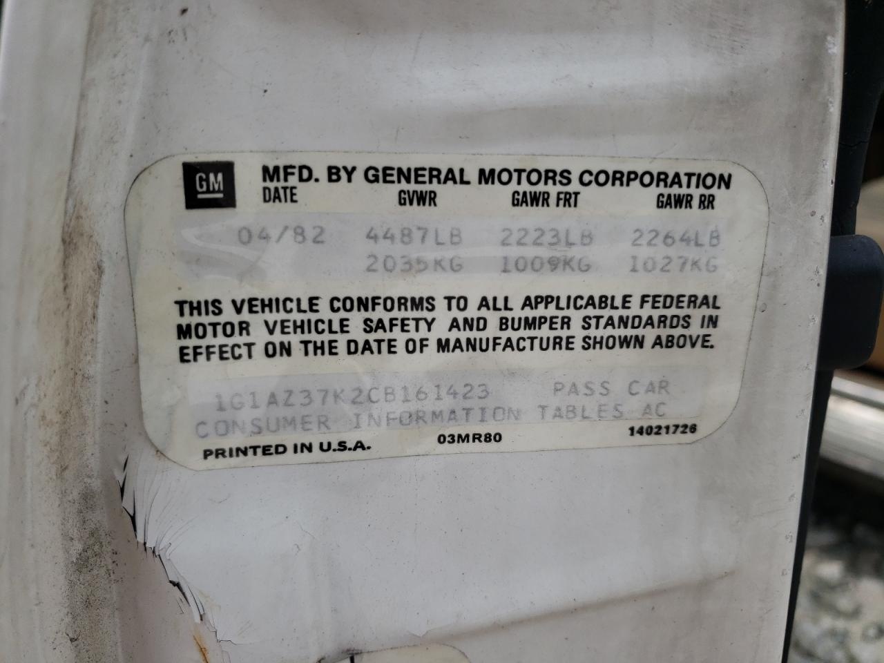 1982 Chevrolet Monte Carlo VIN: 1G1AZ37K2CB161423 Lot: 63851454