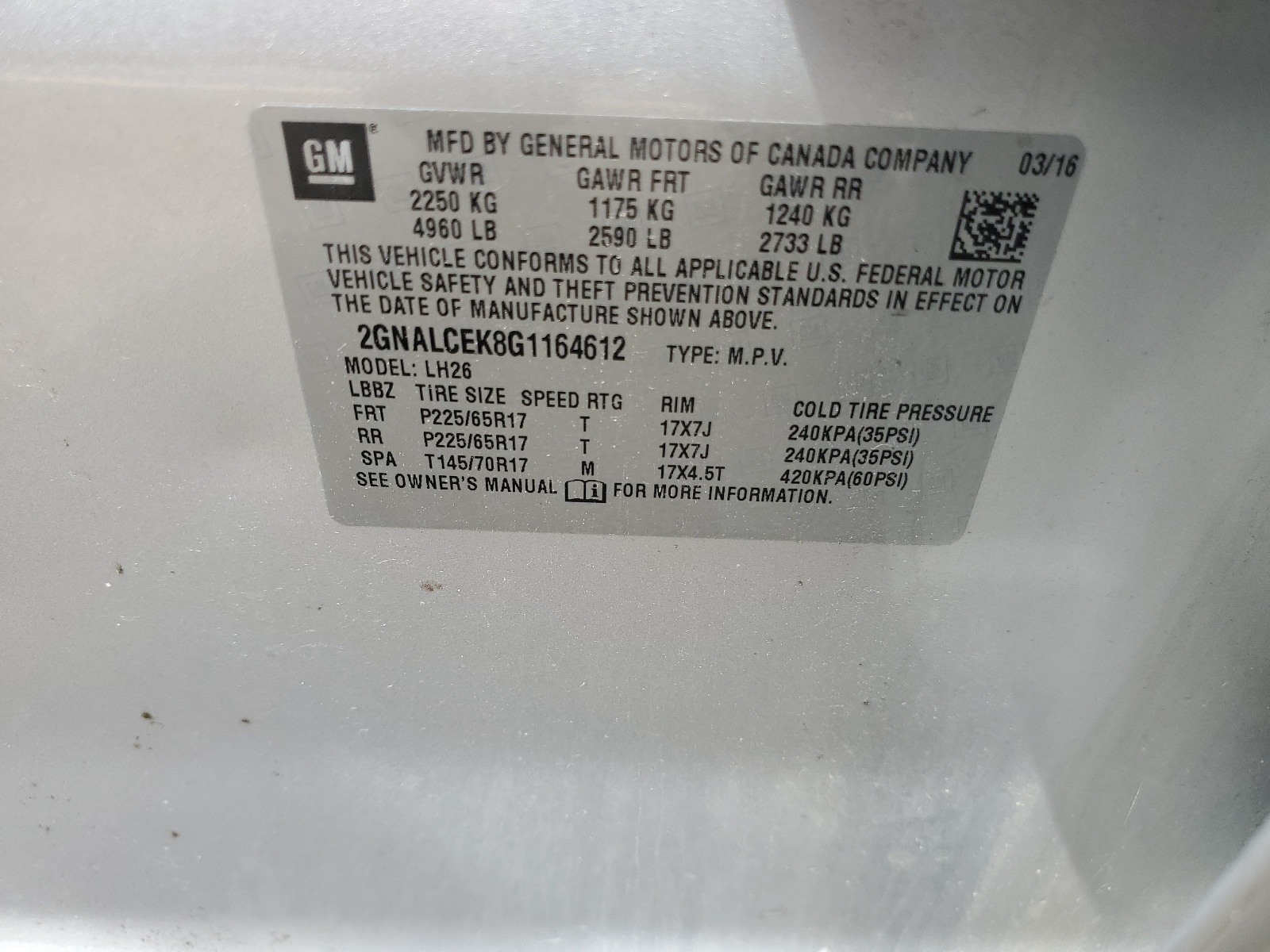 2GNALCEK8G1164612 2016 Chevrolet Equinox Lt