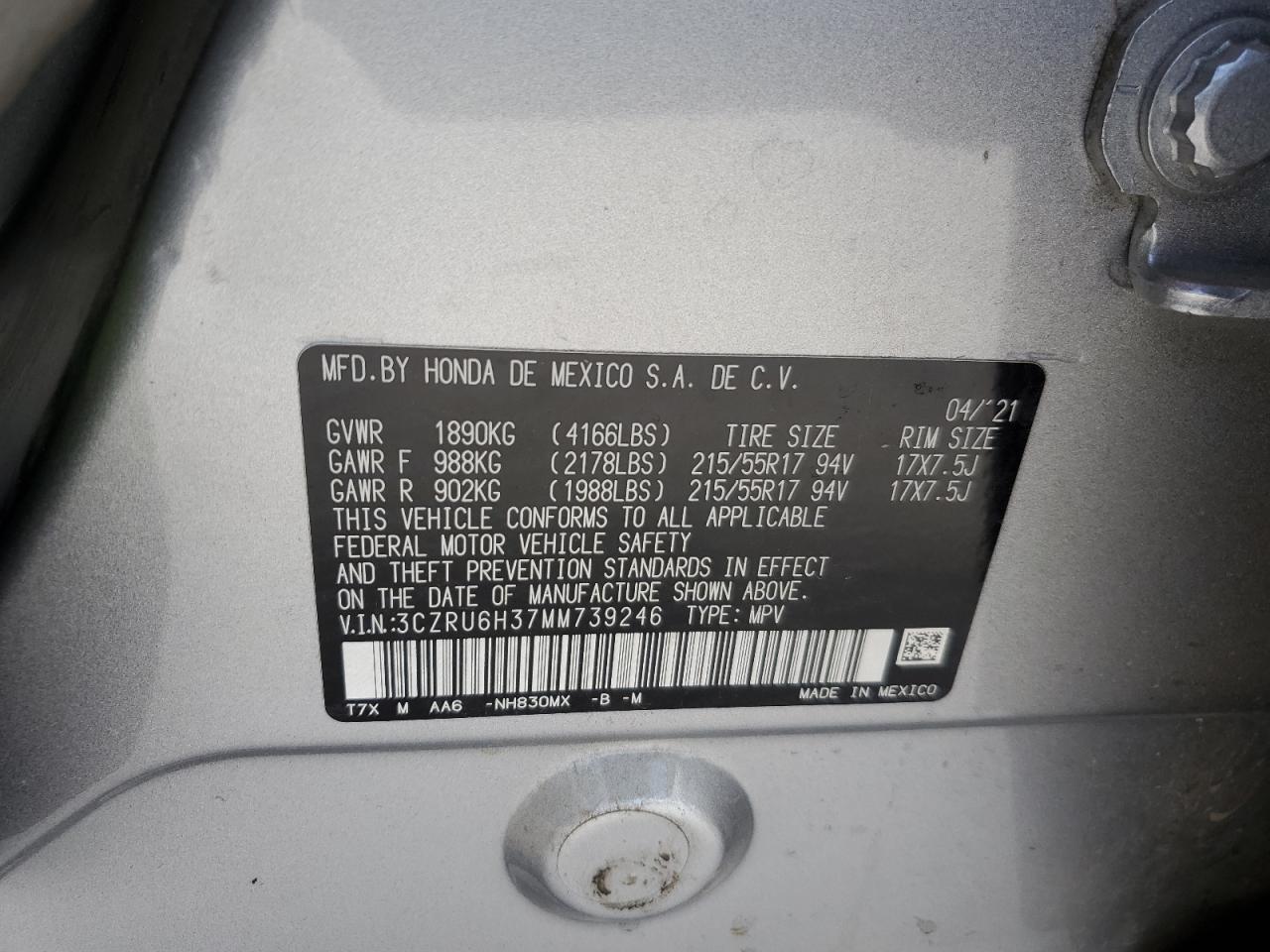 2021 Honda Hr-V Lx VIN: 3CZRU6H37MM739246 Lot: 65294414