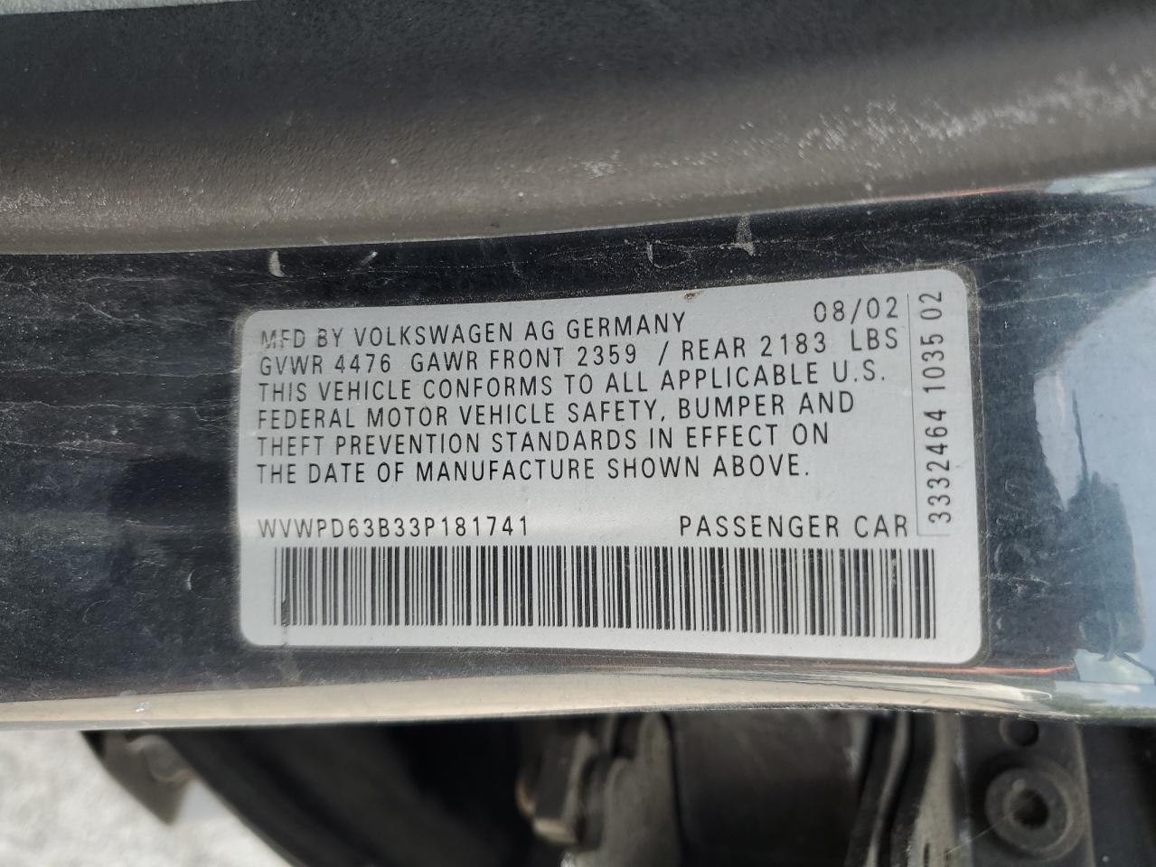 2003 Volkswagen Passat Gls VIN: WVWPD63B33P181741 Lot: 63219324