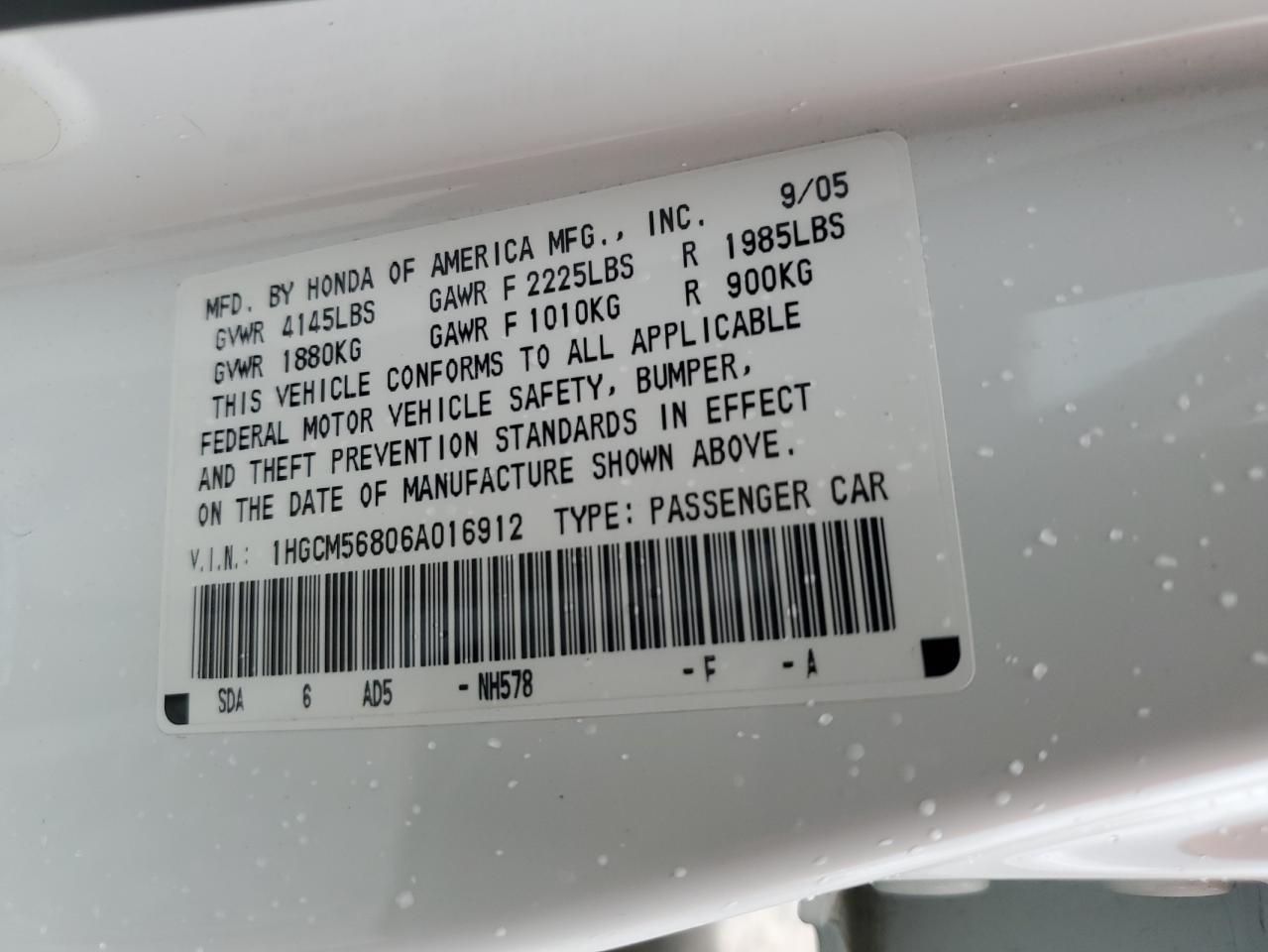 2006 Honda Accord Ex VIN: 1HGCM56806A016912 Lot: 62110624