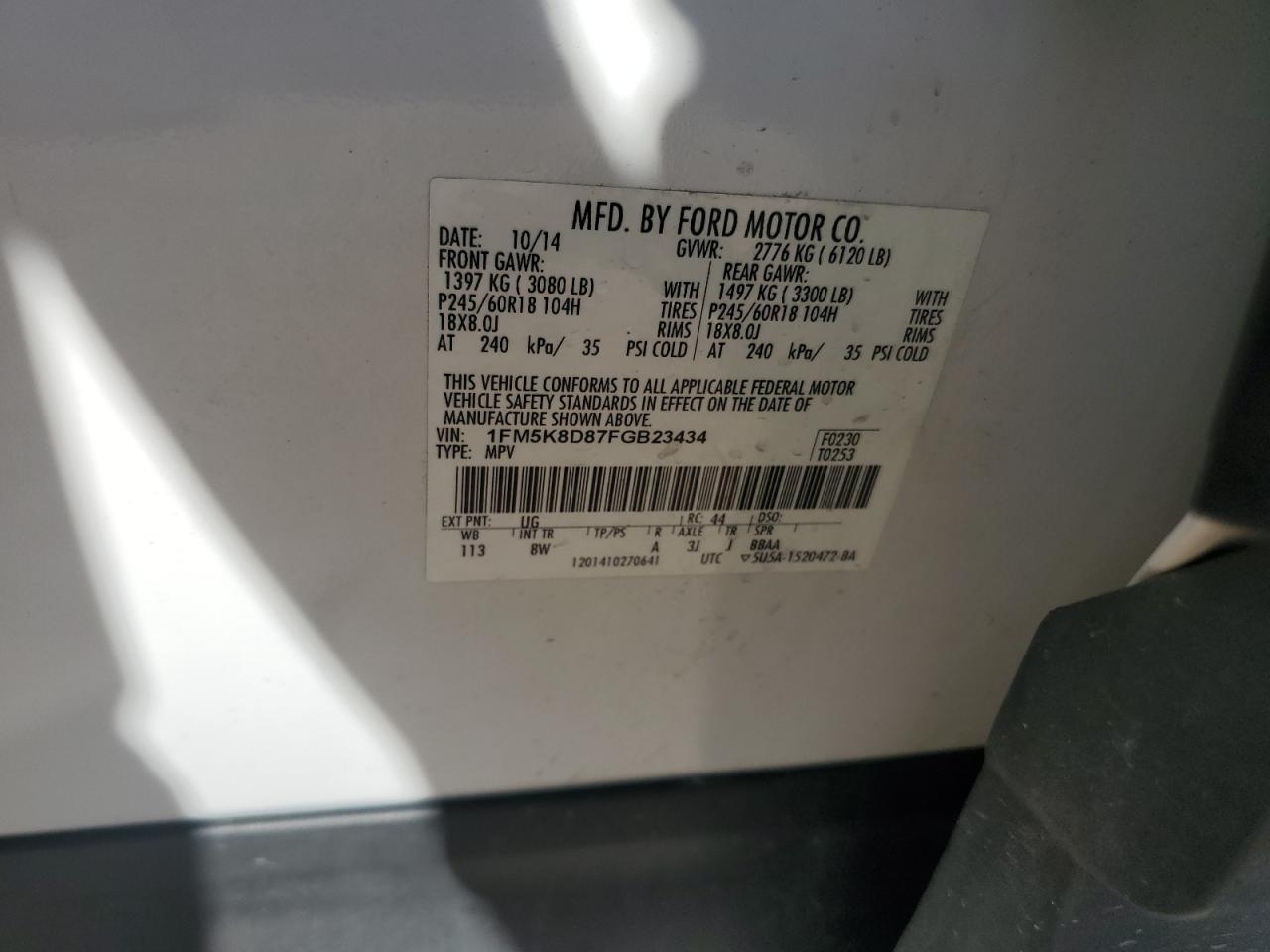 2015 Ford Explorer Xlt VIN: 1FM5K8D87FGB23434 Lot: 61373094