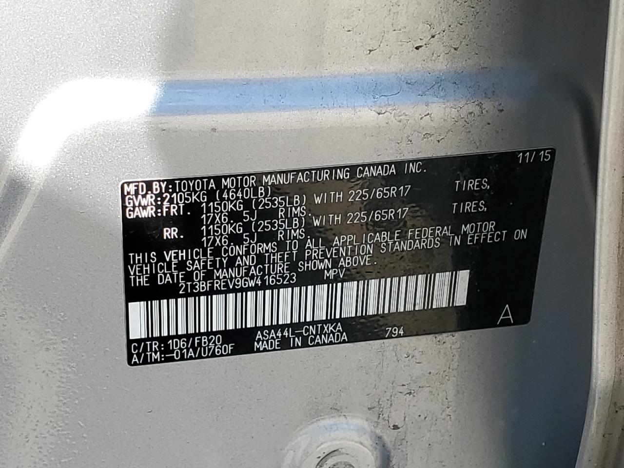 2016 Toyota Rav4 Le VIN: 2T3BFREV9GW416523 Lot: 63824014