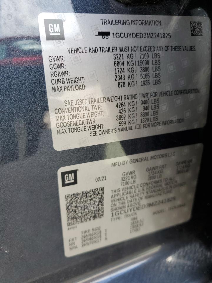 2021 Chevrolet Silverado K1500 Lt VIN: 1GCUYDED3MZ241825 Lot: 61938504