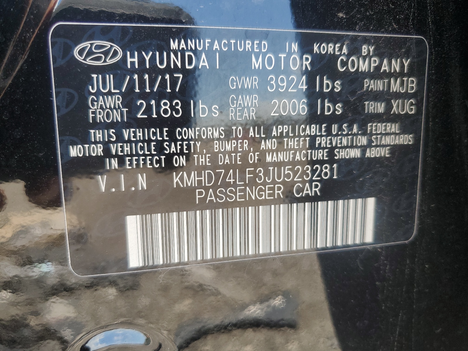 KMHD74LF3JU523281 2018 Hyundai Elantra Se