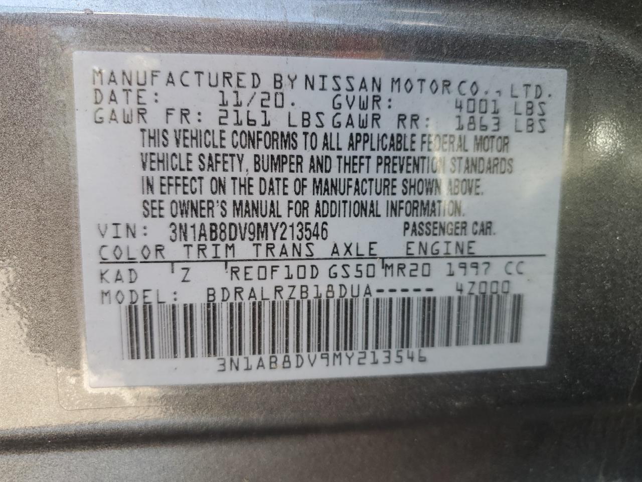 3N1AB8DV9MY213546 2021 Nissan Sentra Sr