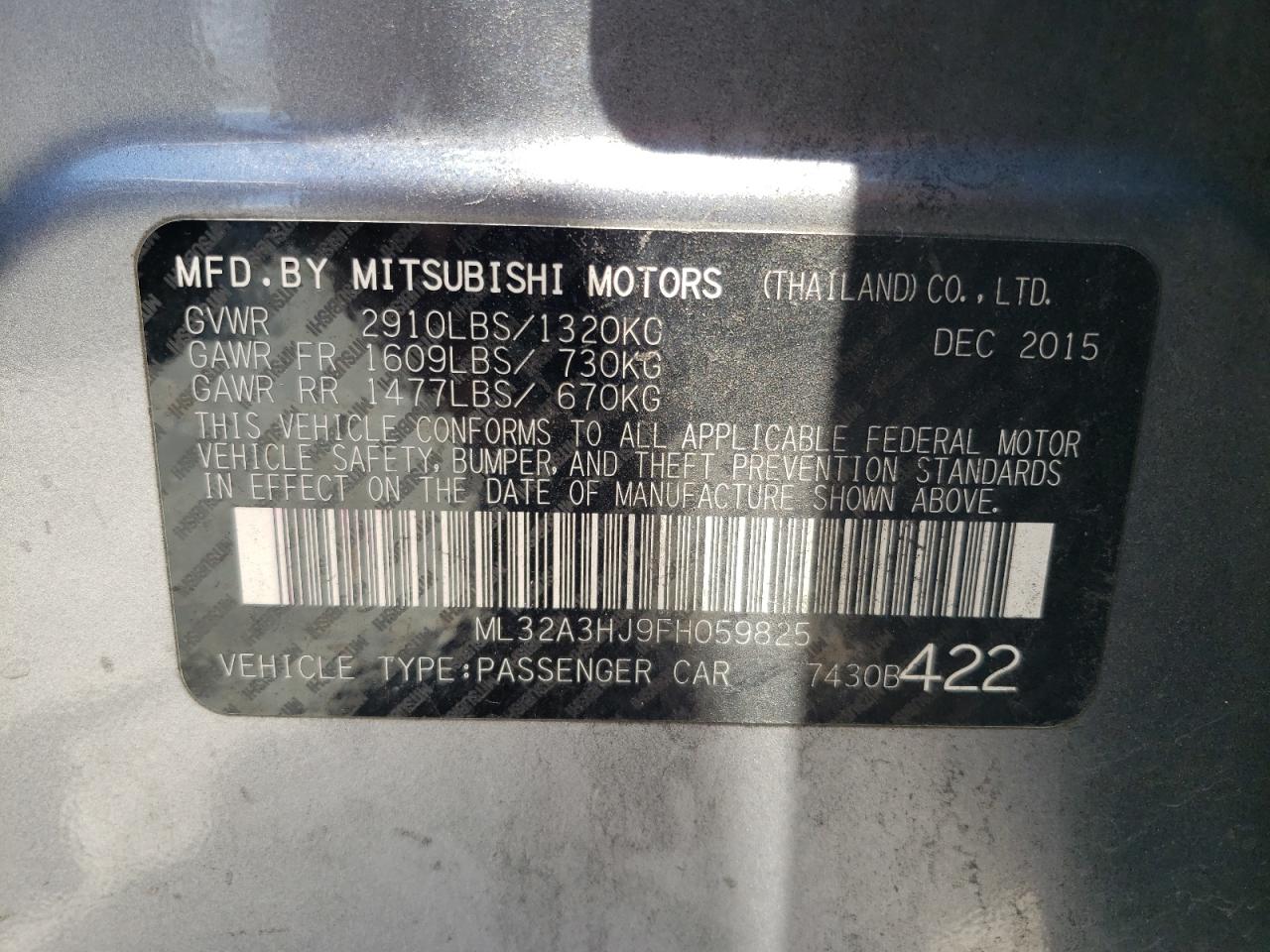 2015 Mitsubishi Mirage De VIN: ML32A3HJ9FH059825 Lot: 65090194