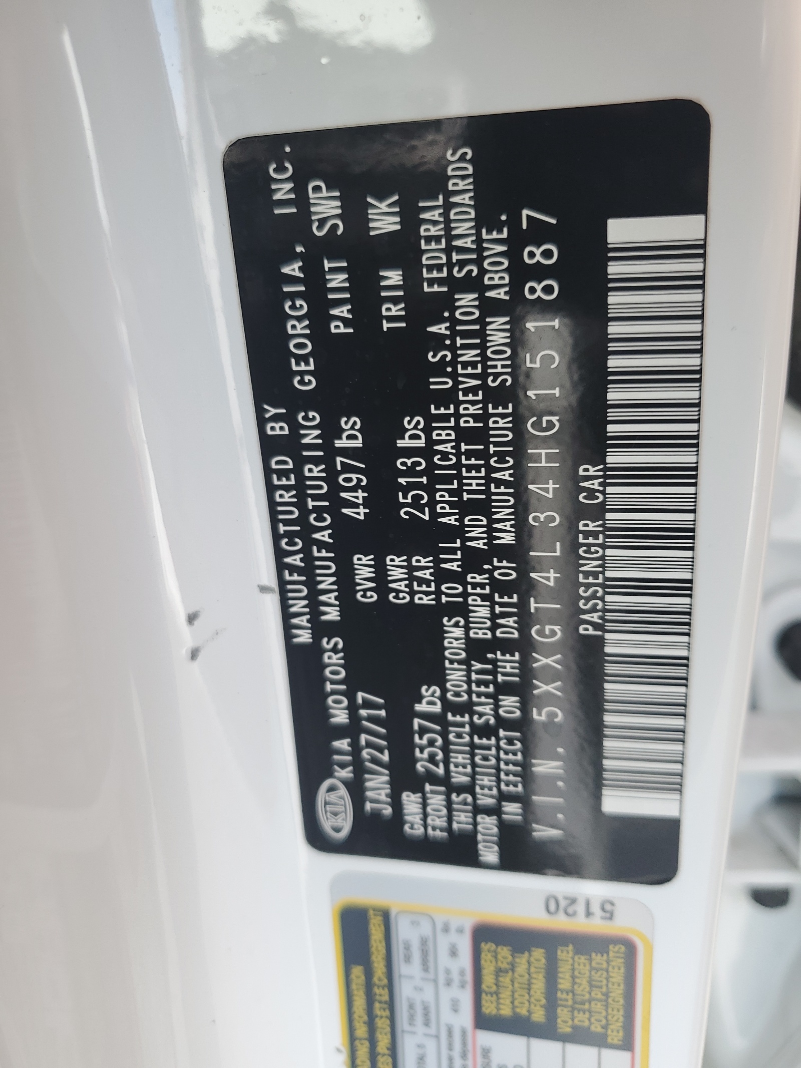 5XXGT4L34HG151887 2017 Kia Optima Lx