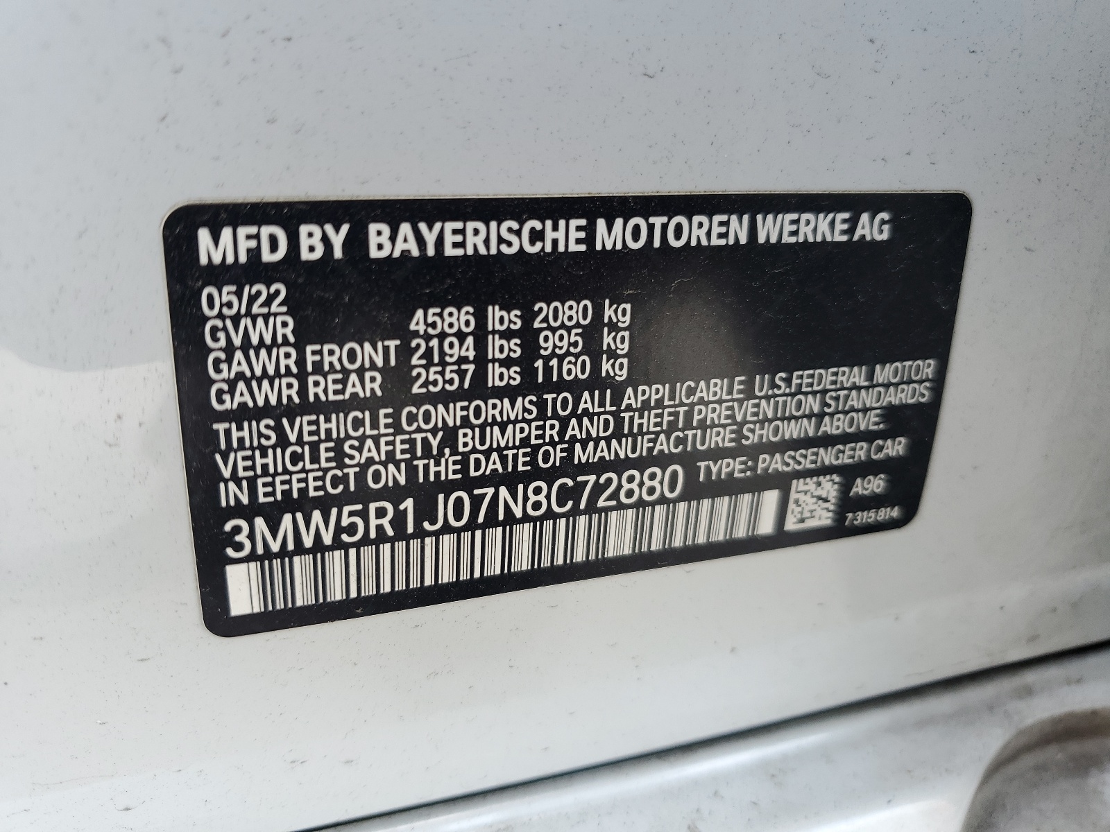 3MW5R1J07N8C72880 2022 BMW 330I