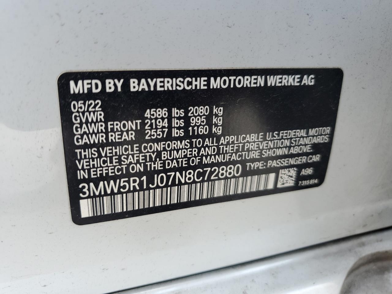 2022 BMW 330I VIN: 3MW5R1J07N8C72880 Lot: 59524604
