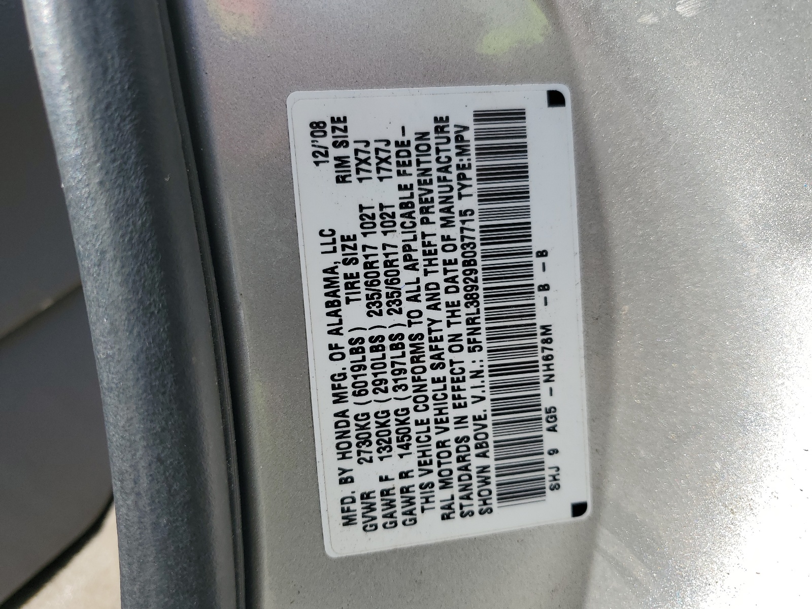 5FNRL38929B037715 2009 Honda Odyssey Touring