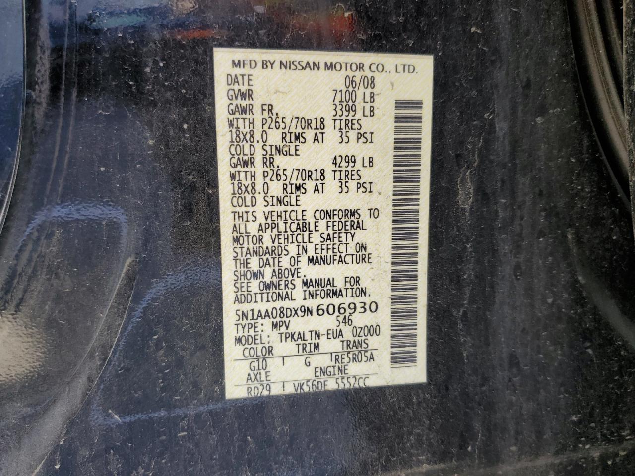 2009 Nissan Armada Se VIN: 5N1AA08DX9N606930 Lot: 64717744