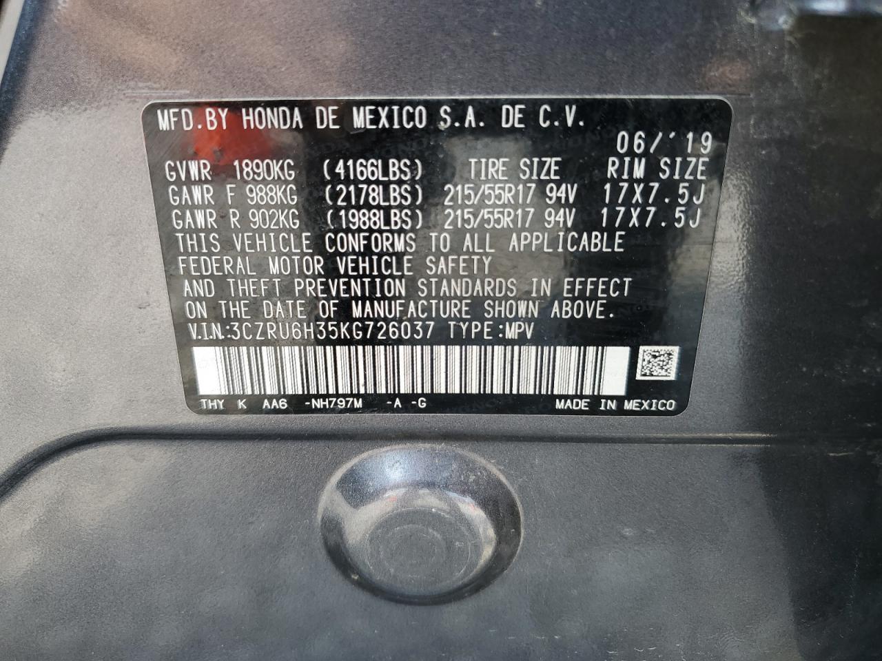 2019 Honda Hr-V Lx VIN: 3CZRU6H35KG726037 Lot: 64025594