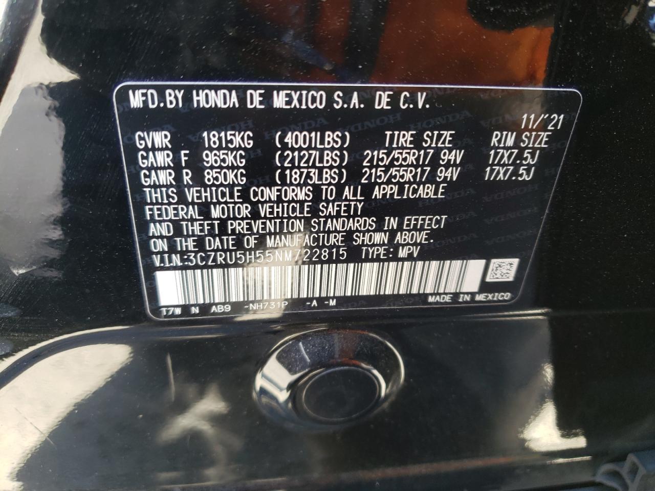 2022 Honda Hr-V Ex VIN: 3CZRU5H55NM722815 Lot: 64100404