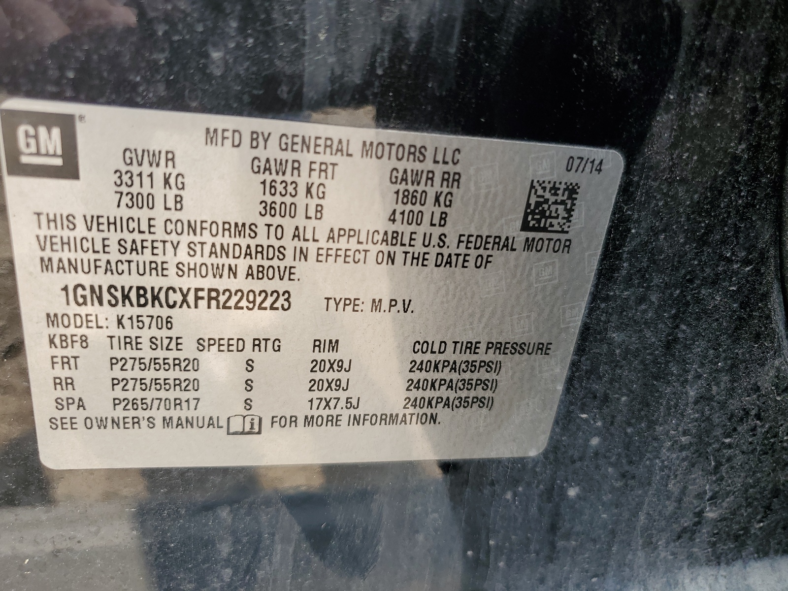 1GNSKBKCXFR229223 2015 Chevrolet Tahoe K1500 Lt