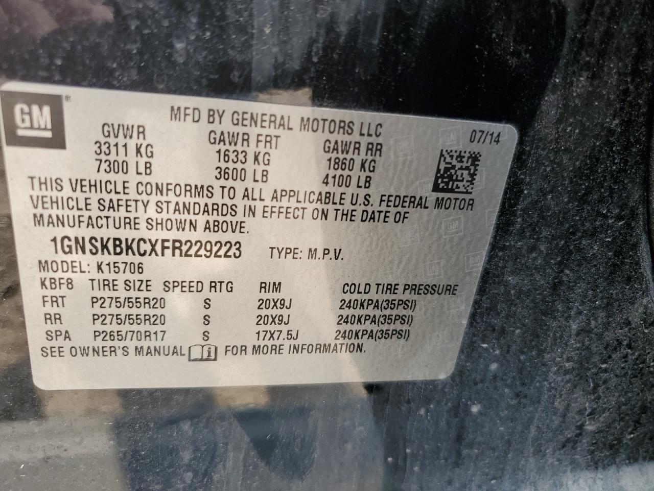 2015 Chevrolet Tahoe K1500 Lt VIN: 1GNSKBKCXFR229223 Lot: 62668594