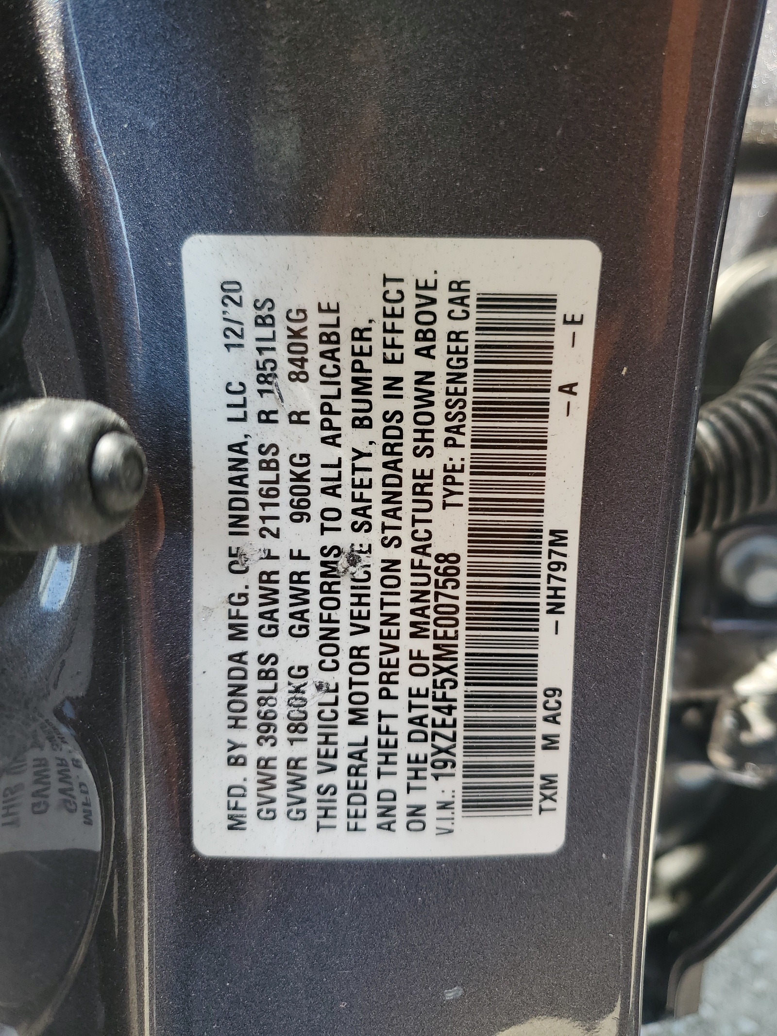 19XZE4F5XME007568 2021 Honda Insight Ex